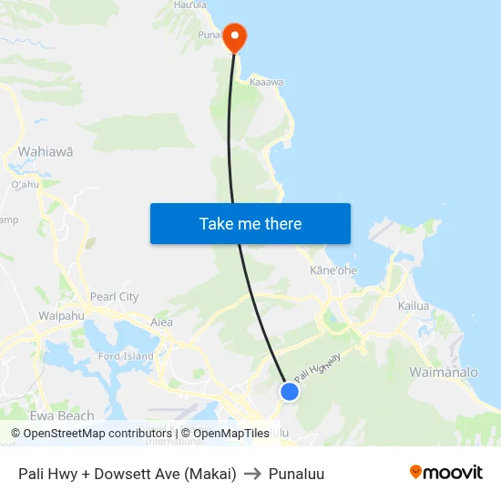 Pali Hwy + Dowsett Ave (Makai) to Punaluu map
