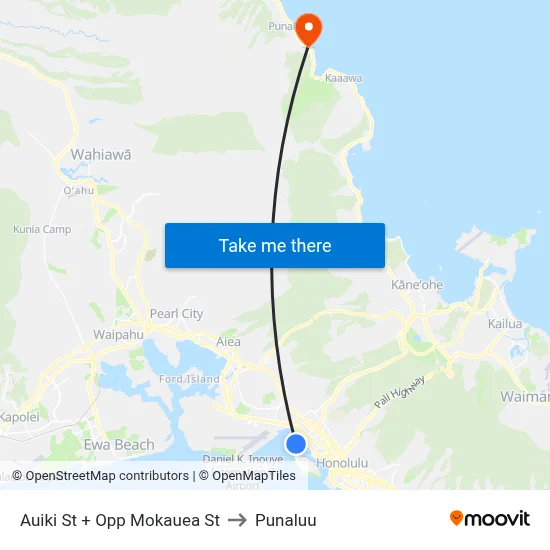 Auiki St + Opp Mokauea St to Punaluu map