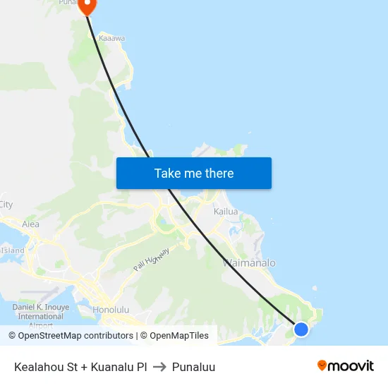 Kealahou St + Kuanalu Pl to Punaluu map