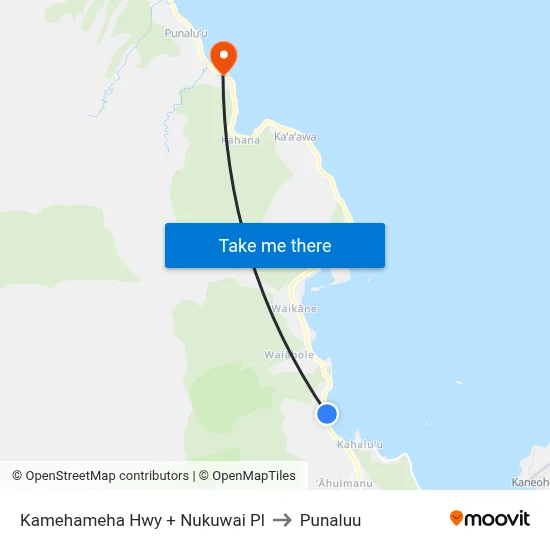 Kamehameha Hwy + Nukuwai Pl to Punaluu map