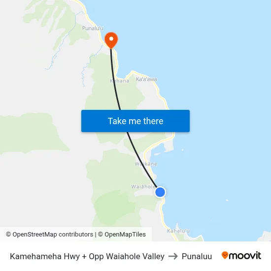 Kamehameha Hwy + Opp Waiahole Valley to Punaluu map