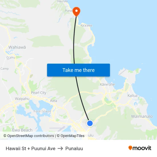 Hawaii St + Puunui Ave to Punaluu map