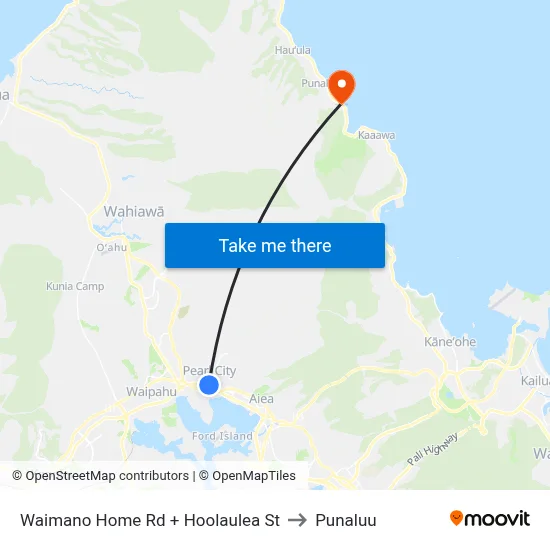 Waimano Home Rd + Hoolaulea St to Punaluu map