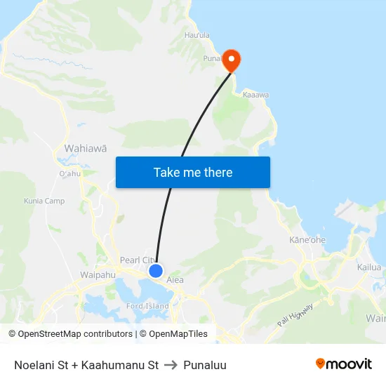 Noelani St + Kaahumanu St to Punaluu map