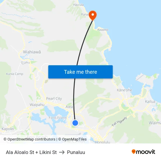 Ala Aloalo St + Likini St to Punaluu map