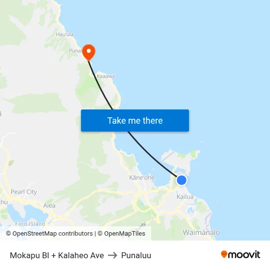 Mokapu Bl + Kalaheo Ave to Punaluu map