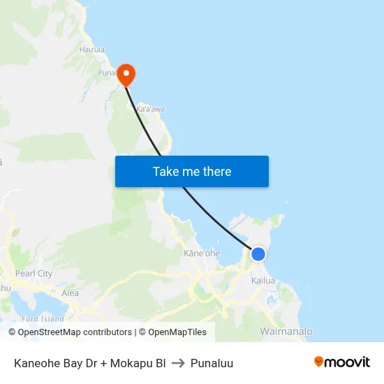 Kaneohe Bay Dr + Mokapu Bl to Punaluu map