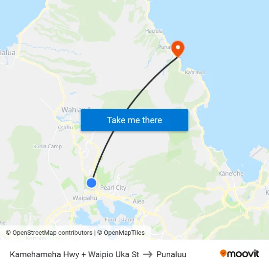 Kamehameha Hwy + Waipio Uka St to Punaluu map