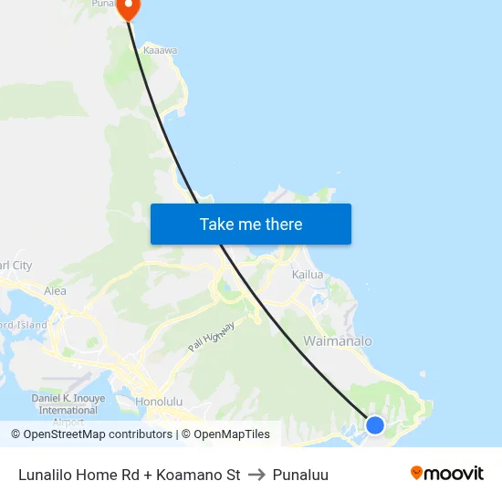 Lunalilo Home Rd + Koamano St to Punaluu map