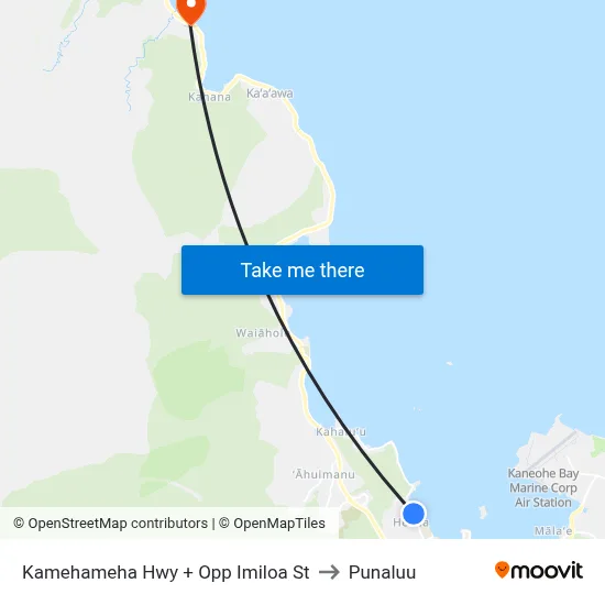 Kamehameha Hwy + Opp Imiloa St to Punaluu map
