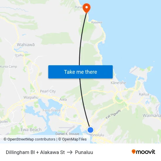 Dillingham Bl + Alakawa St to Punaluu map