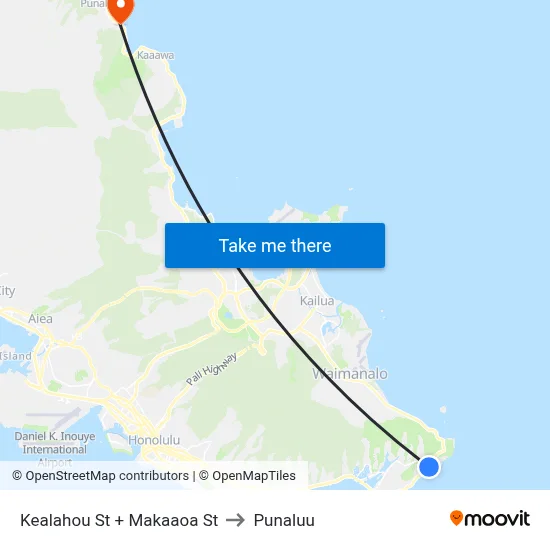 Kealahou St + Makaaoa St to Punaluu map