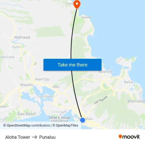 Aloha Tower to Punaluu map