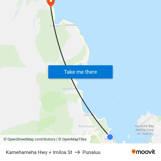 Kamehameha Hwy + Imiloa St to Punaluu map