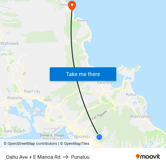 Oahu Ave + E Manoa Rd to Punaluu map