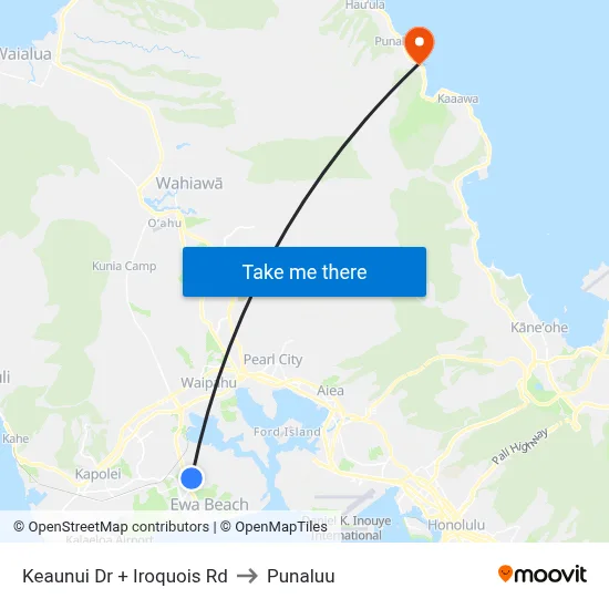 Keaunui Dr + Iroquois Rd to Punaluu map