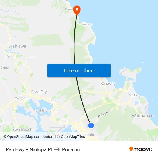 Pali Hwy + Niolopa Pl to Punaluu map