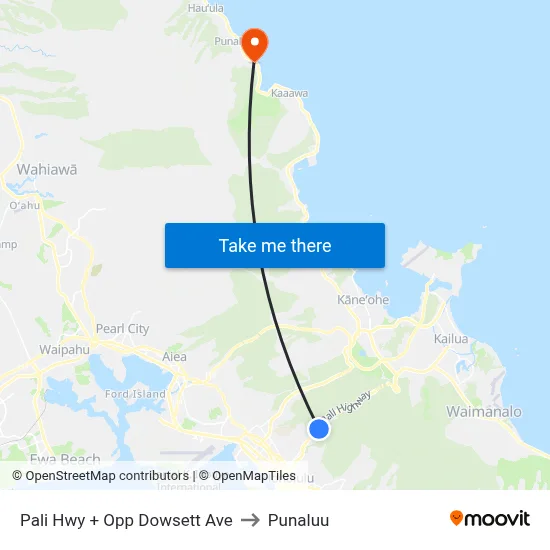 Pali Hwy + Opp Dowsett Ave to Punaluu map