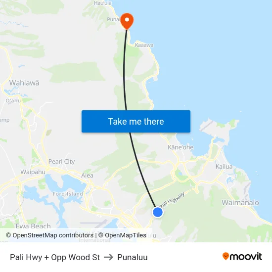Pali Hwy + Opp Wood St to Punaluu map