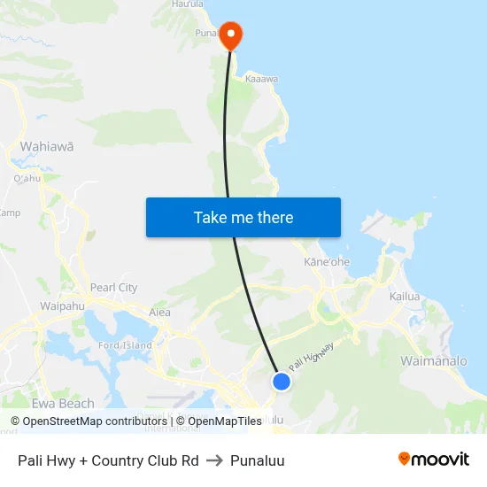 Pali Hwy + Country Club Rd to Punaluu map