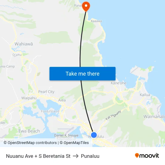 Nuuanu Ave + S Beretania St to Punaluu map