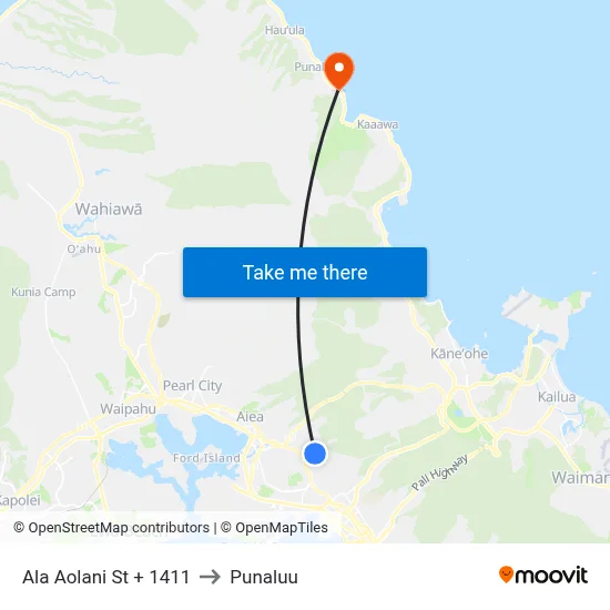 Ala Aolani St + 1411 to Punaluu map