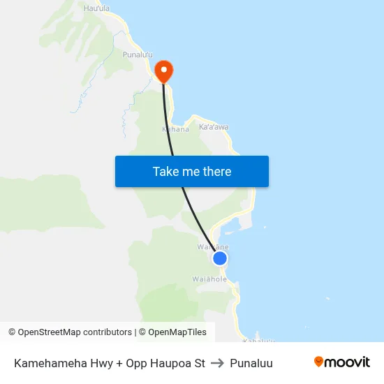 Kamehameha Hwy + Opp Haupoa St to Punaluu map
