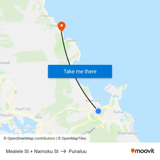 Mealele St + Namoku St to Punaluu map