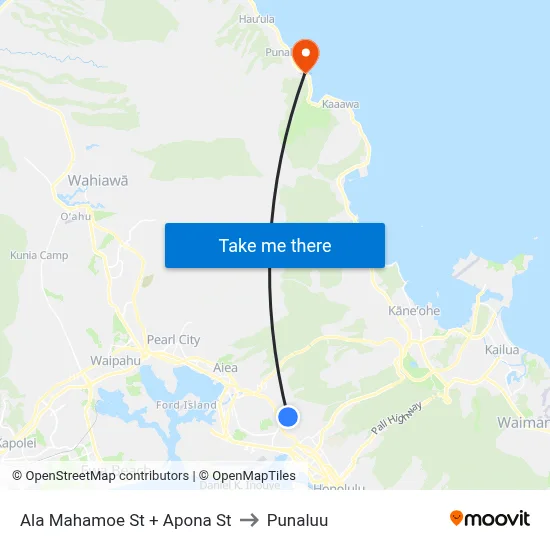 Ala Mahamoe St + Apona St to Punaluu map