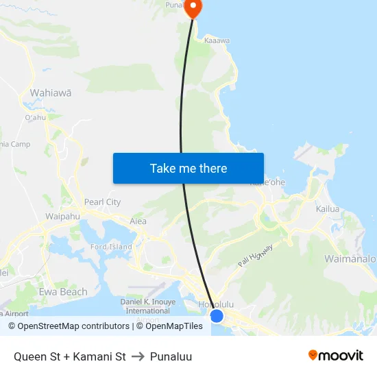 Queen St + Kamani St to Punaluu map