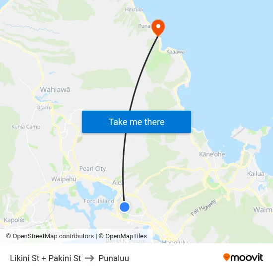 Likini St + Pakini St to Punaluu map