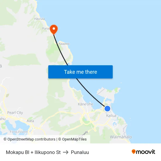 Mokapu Bl + Ilikupono St to Punaluu map