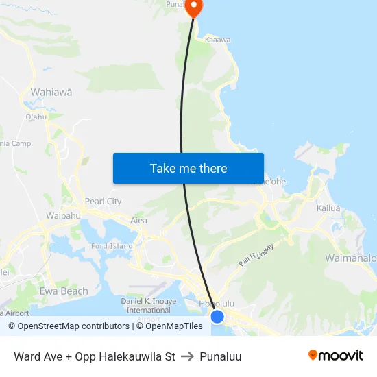 Ward Ave + Opp Halekauwila St to Punaluu map