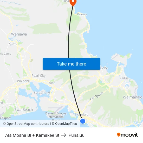 Ala Moana Bl + Kamakee St to Punaluu map