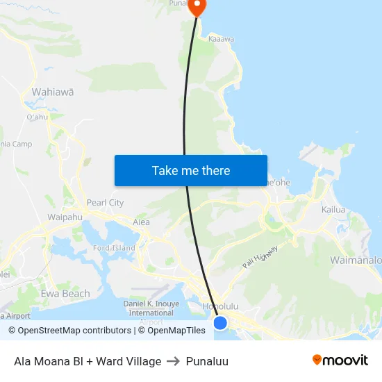 Ala Moana Bl + Ward Village to Punaluu map