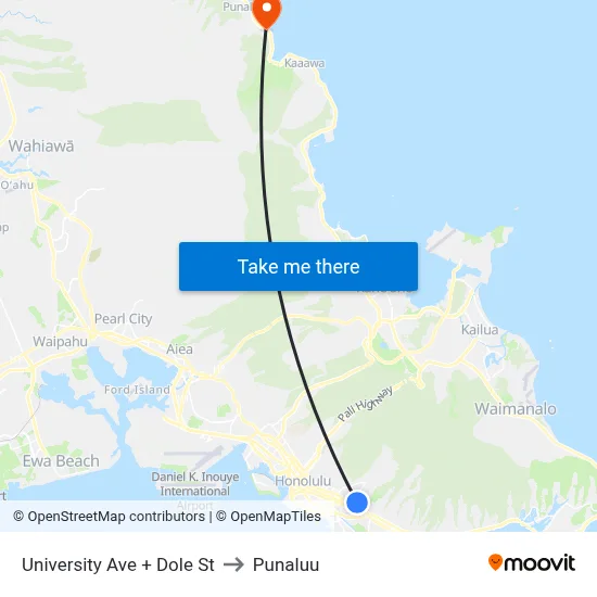 University Ave + Dole St to Punaluu map