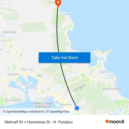 Metcalf St + Hoonanea St to Punaluu map