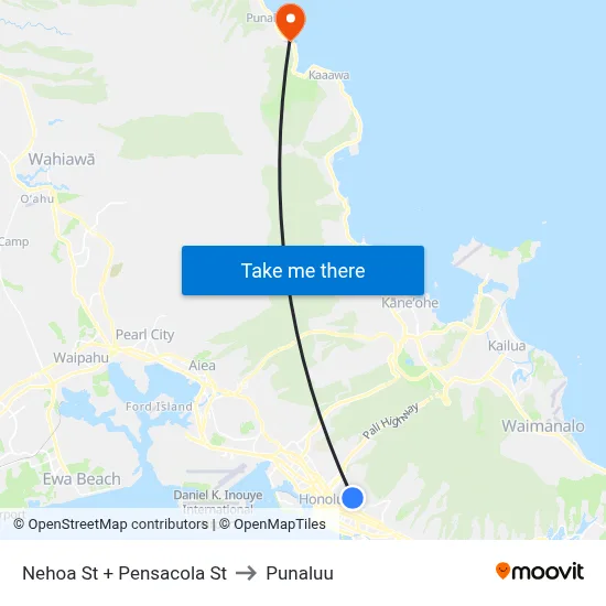 Nehoa St + Pensacola St to Punaluu map