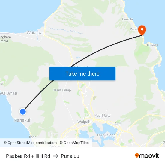 Paakea Rd + Iliili Rd to Punaluu map