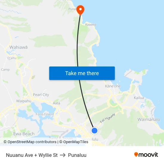 Nuuanu Ave + Wyllie St to Punaluu map