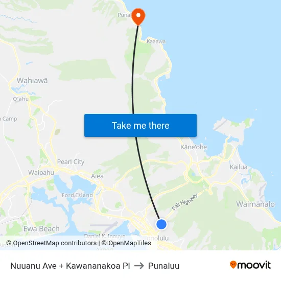 Nuuanu Ave + Kawananakoa Pl to Punaluu map