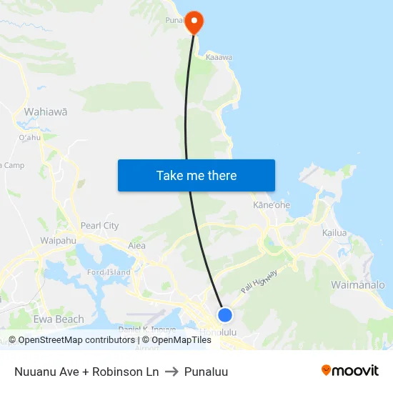 Nuuanu Ave + Robinson Ln to Punaluu map