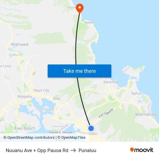Nuuanu Ave + Opp Pauoa Rd to Punaluu map