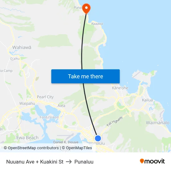 Nuuanu Ave + Kuakini St to Punaluu map
