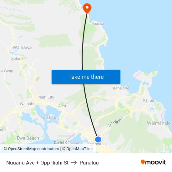 Nuuanu Ave + Opp Iliahi St to Punaluu map