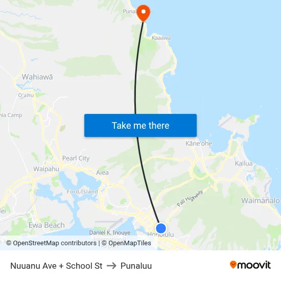 Nuuanu Ave + School St to Punaluu map