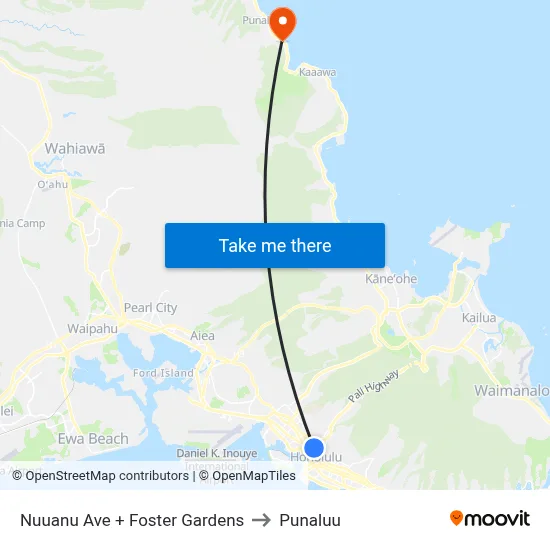 Nuuanu Ave + Foster Gardens to Punaluu map