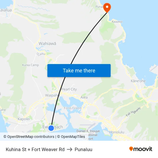 Kuhina St + Fort Weaver Rd to Punaluu map