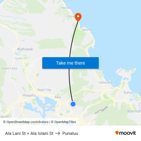 Ala Lani St + Ala Iolani St to Punaluu map
