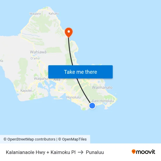 Kalanianaole Hwy + Kaimoku Pl to Punaluu map